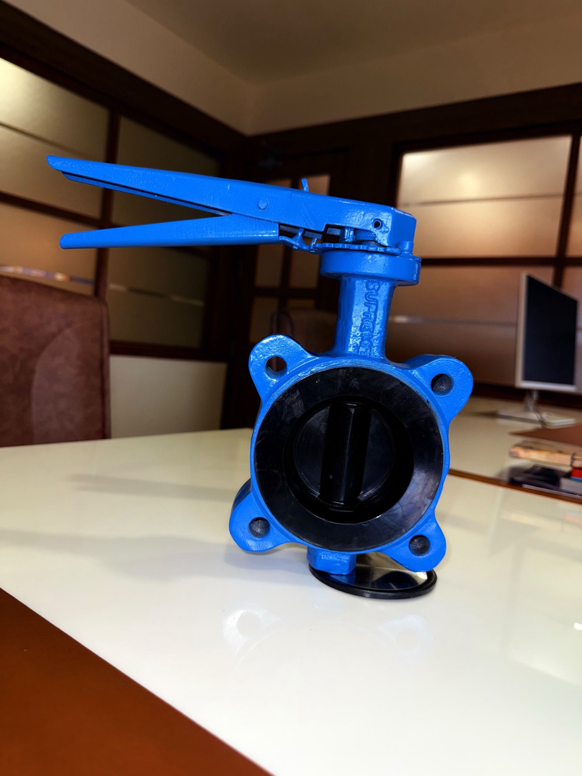 Supreme lug butterfly valve closed showing black elastomer seat and body die stamp
